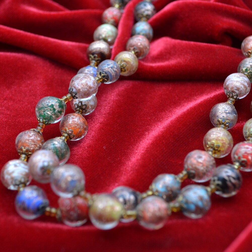Vintage Murano Glass Bead Necklace Venetian Foil Aventurine Multi Color